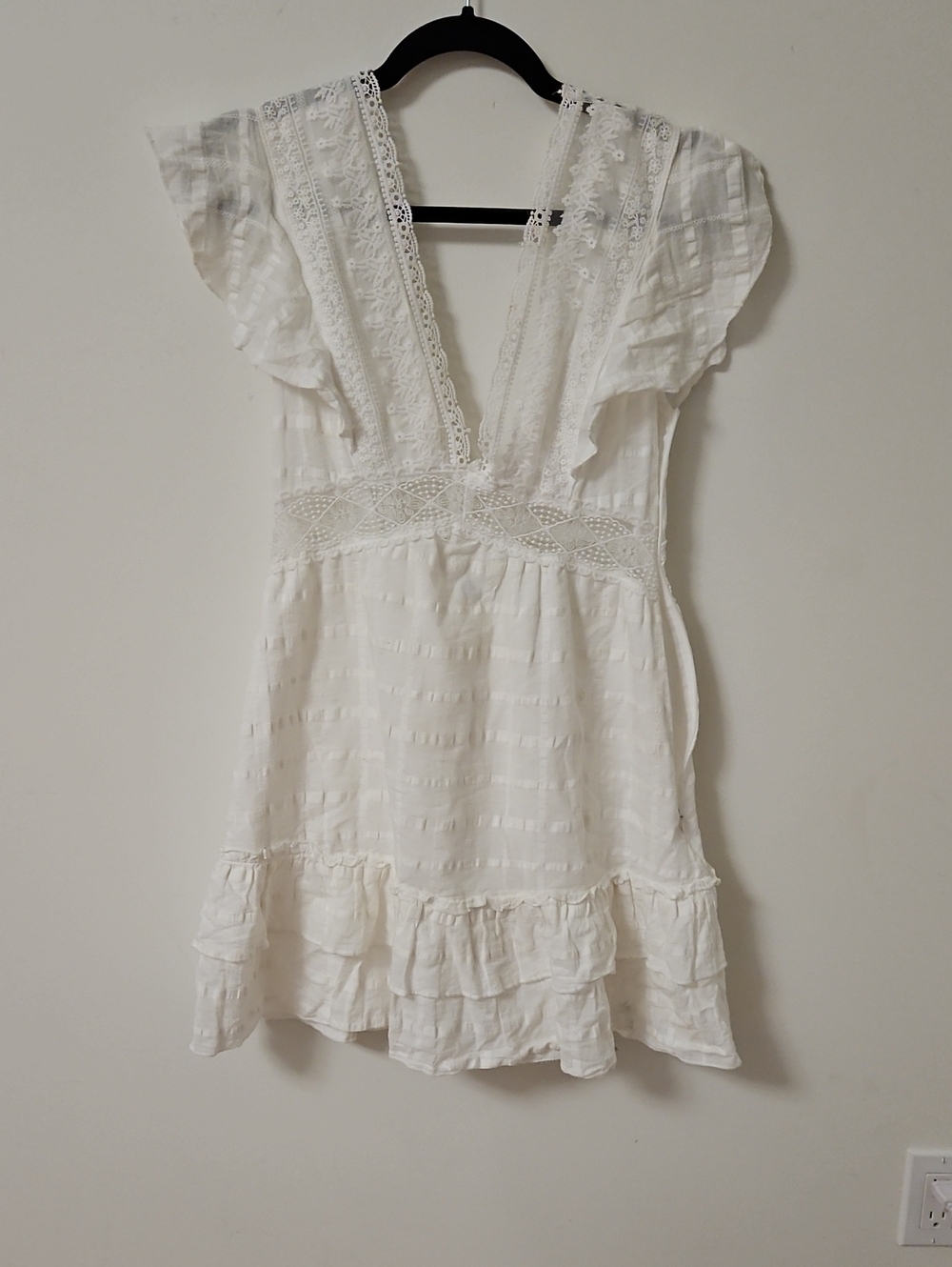 White Lace-Trim Mini Dress with Ruffle Hem